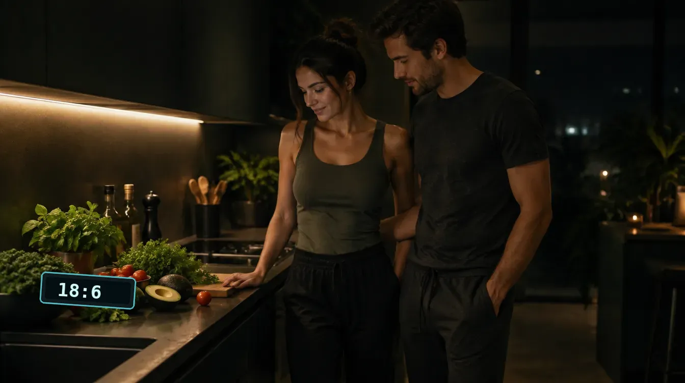 A fit couple in a dark kitchen, with vegetables on the counter.